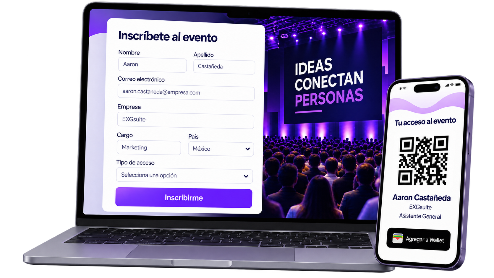 Registro digital en computadora y acceso al evento mediante código QR en el teléfono